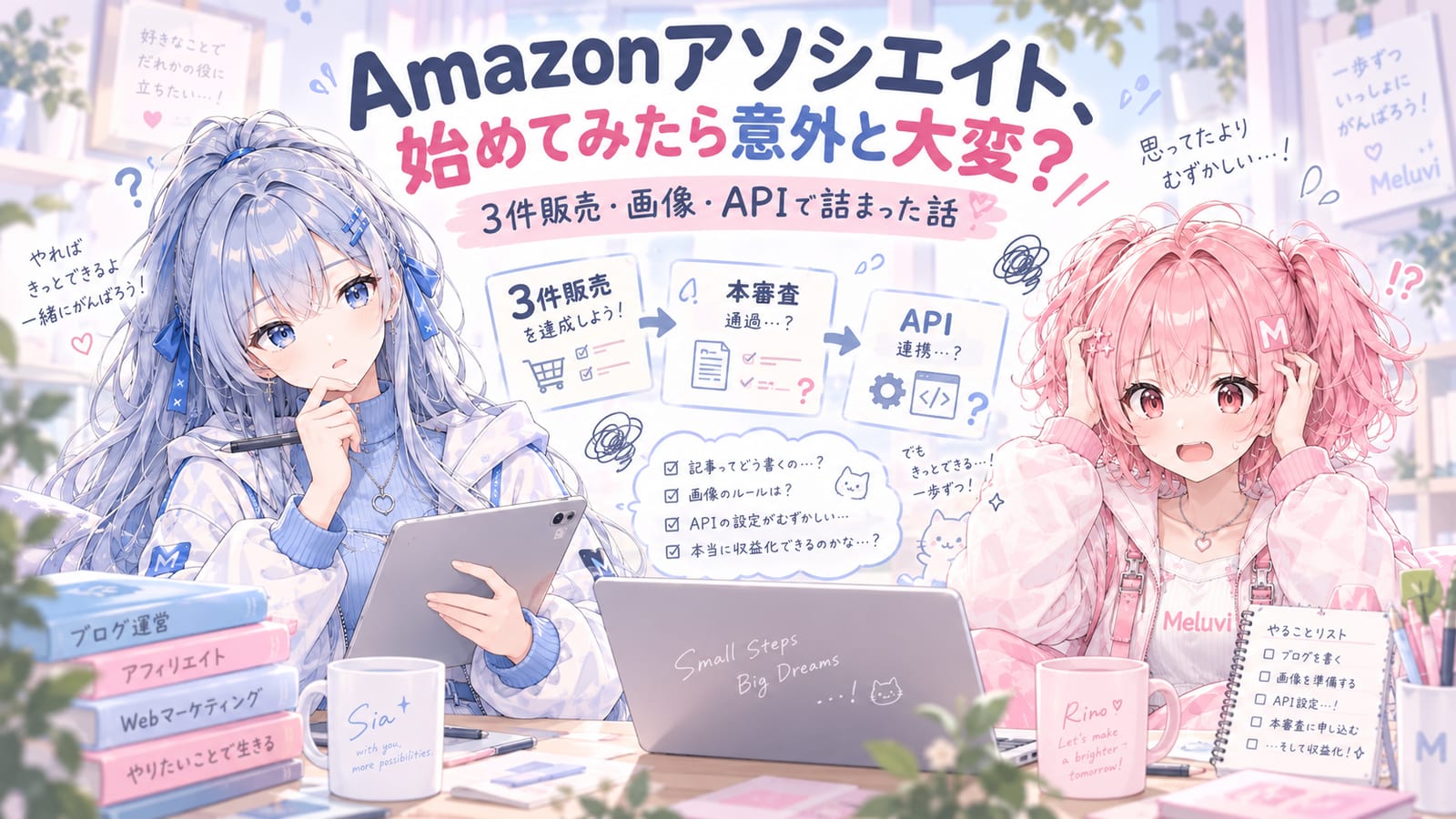 Amazonアソシエイトの3件販売・画像・APIで悩むシアとリノを描いたMeluvi運営記の表紙