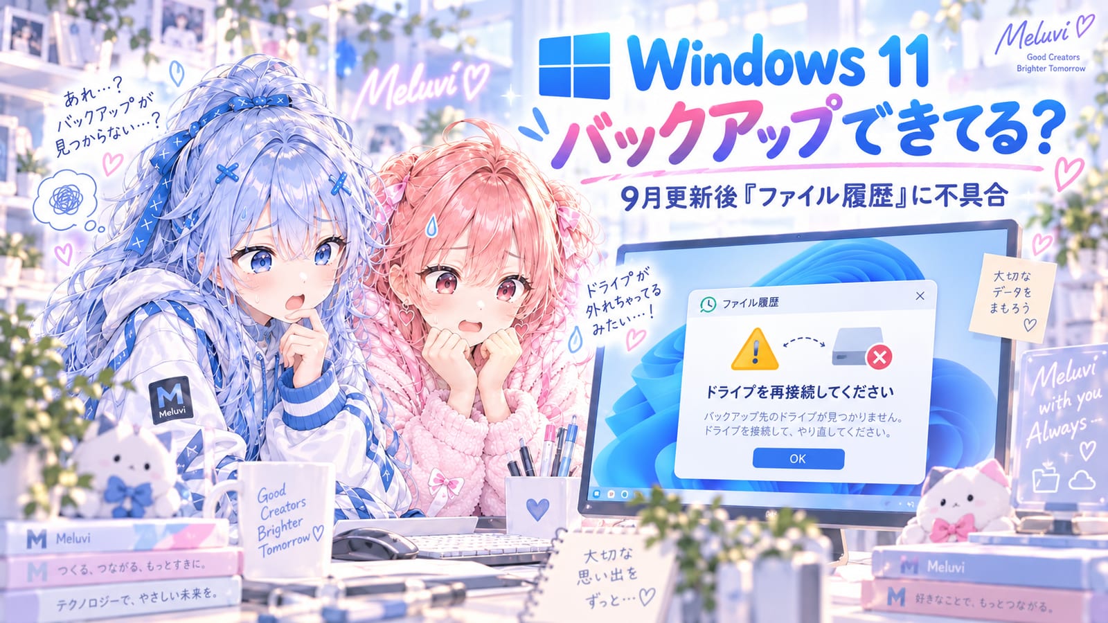 Windows 11のファイル履歴バックアップ不具合を案内するシアとリノのイメージイラスト