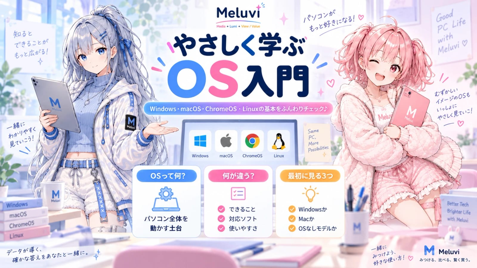 シアとリノがOSの基本を紹介するMeluviのOS入門バナー