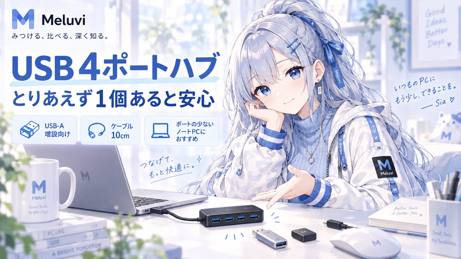 シアが黒い4ポートUSB-Aハブの特徴を案内するMeluviの商品イメージ