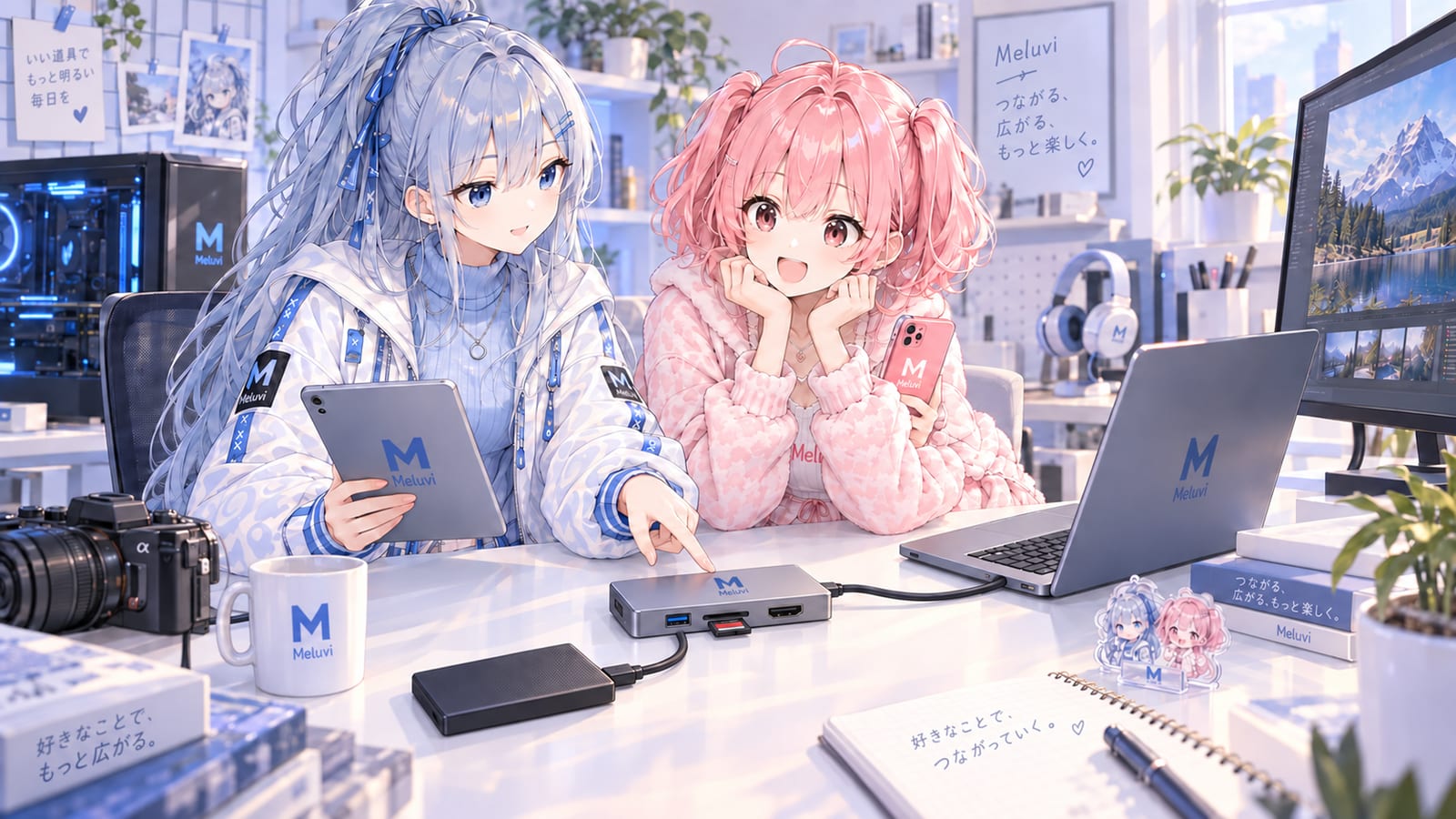 USB-Cハブを机の上で使い、外付けSSDやSDカードを手元で接続するイメージ