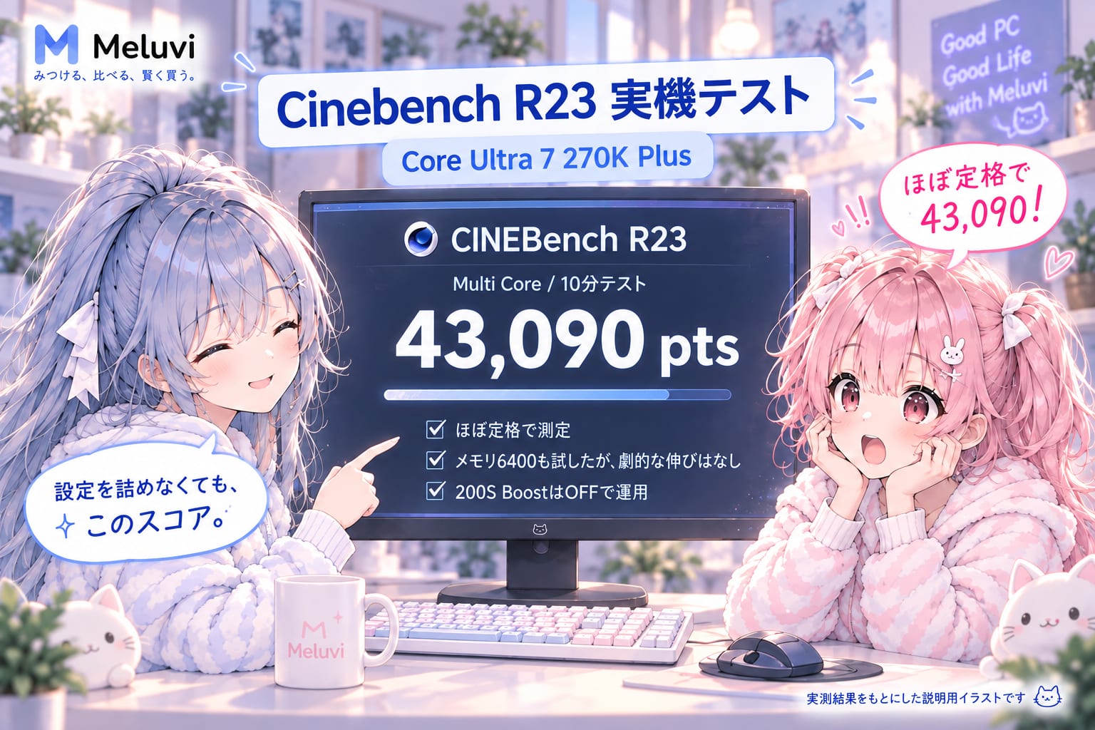 Cinebench R23の10分テスト結果43,090ptsを伝える説明用イラスト