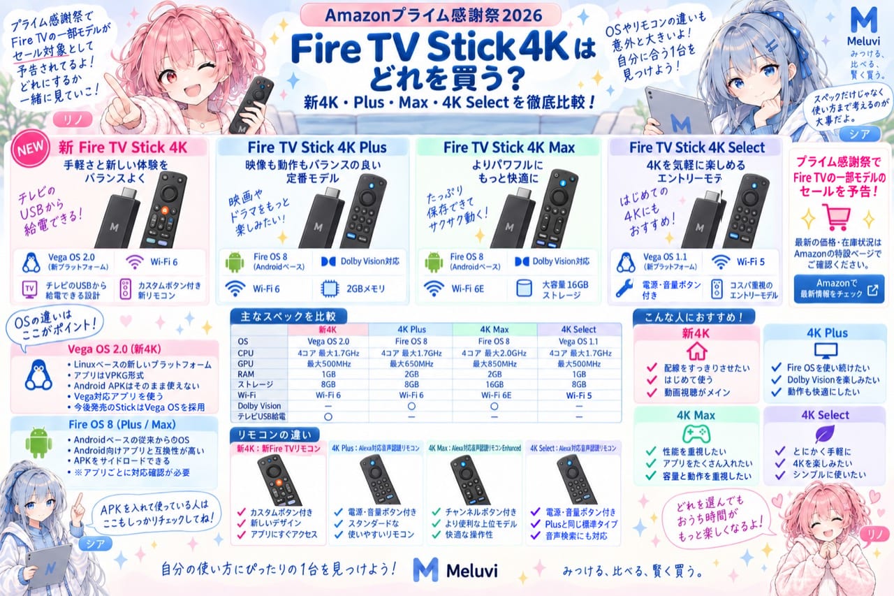 シアとリノが新Fire TV Stick 4K・4K Plus・4K Max・4K Selectの違いと選び方を紹介する比較イラスト