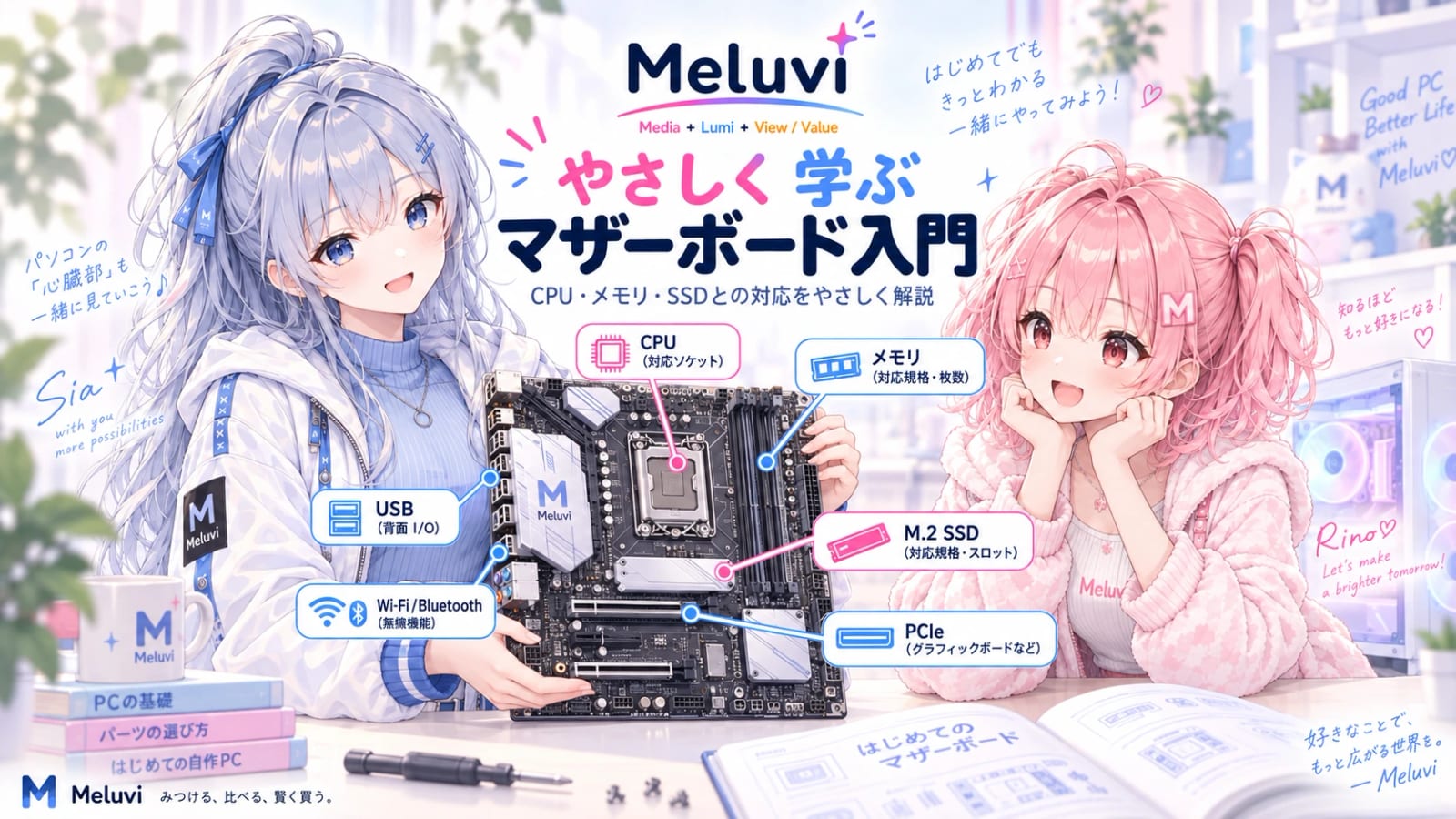 シアとリノがマザーボードの主要な接続先を案内するMeluviのタイトル画像