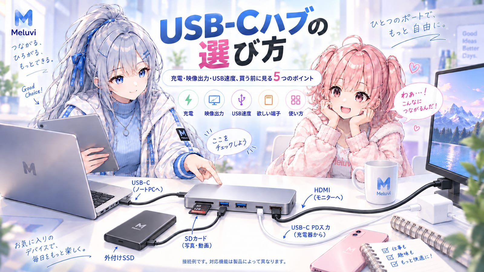 シアとリノがUSB-Cハブの充電・映像・USB速度・ポート・ケーブル選びを紹介するイラスト