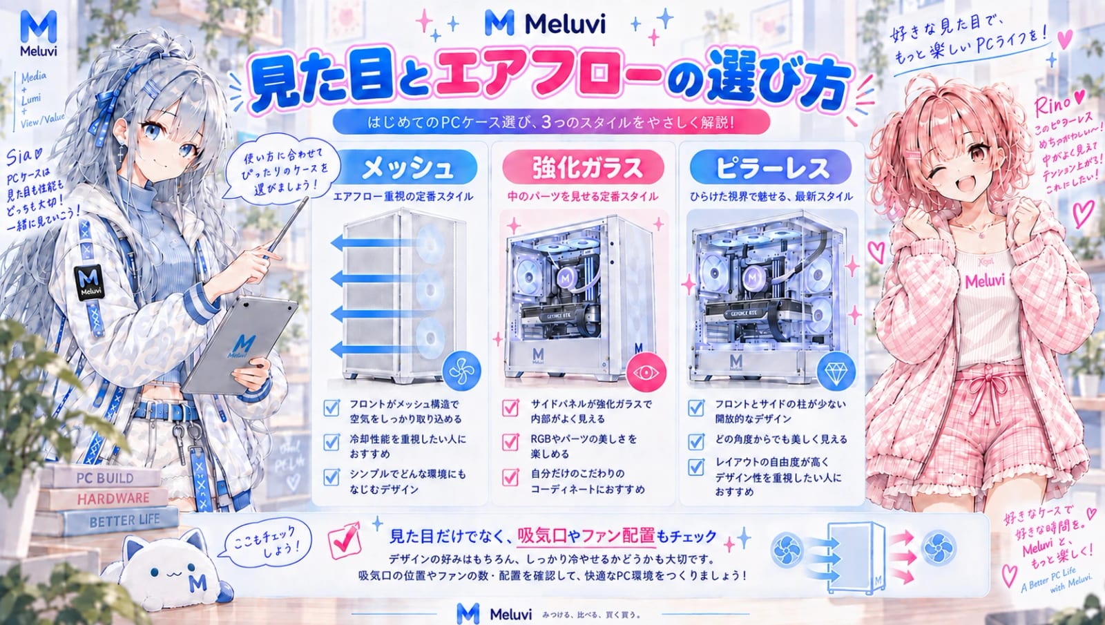 メッシュ・強化ガラス・ピラーレスの特徴と前面吸気