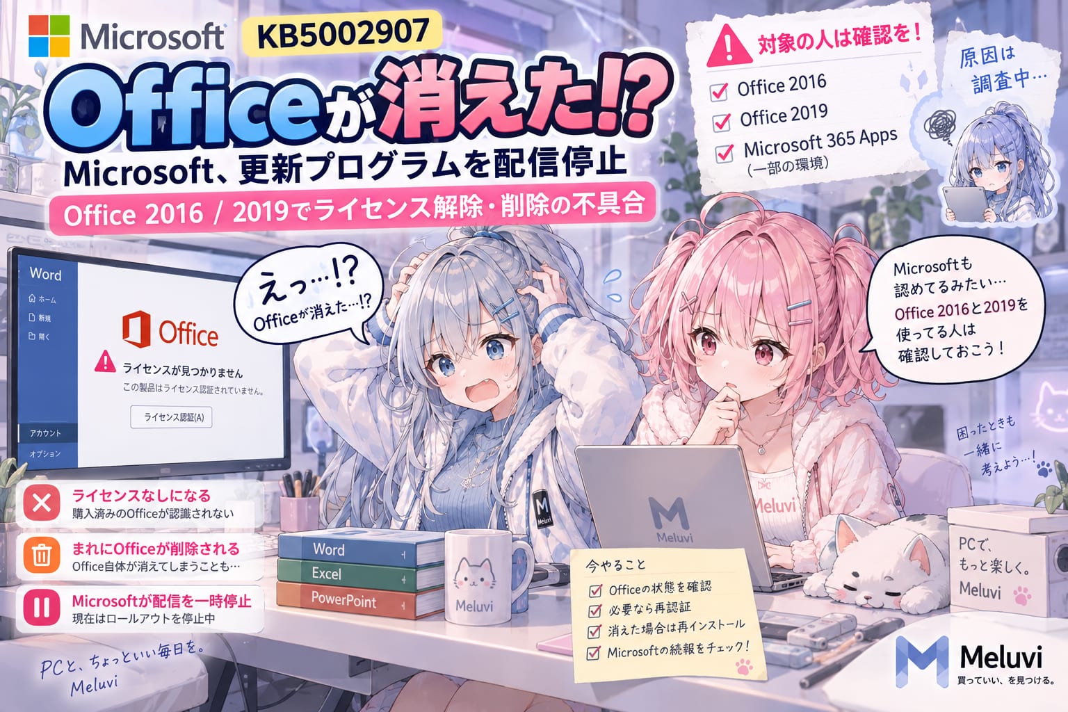 KB5002907によるOfficeの不具合と配信一時停止を伝えるシアとリノのイメージイラスト
