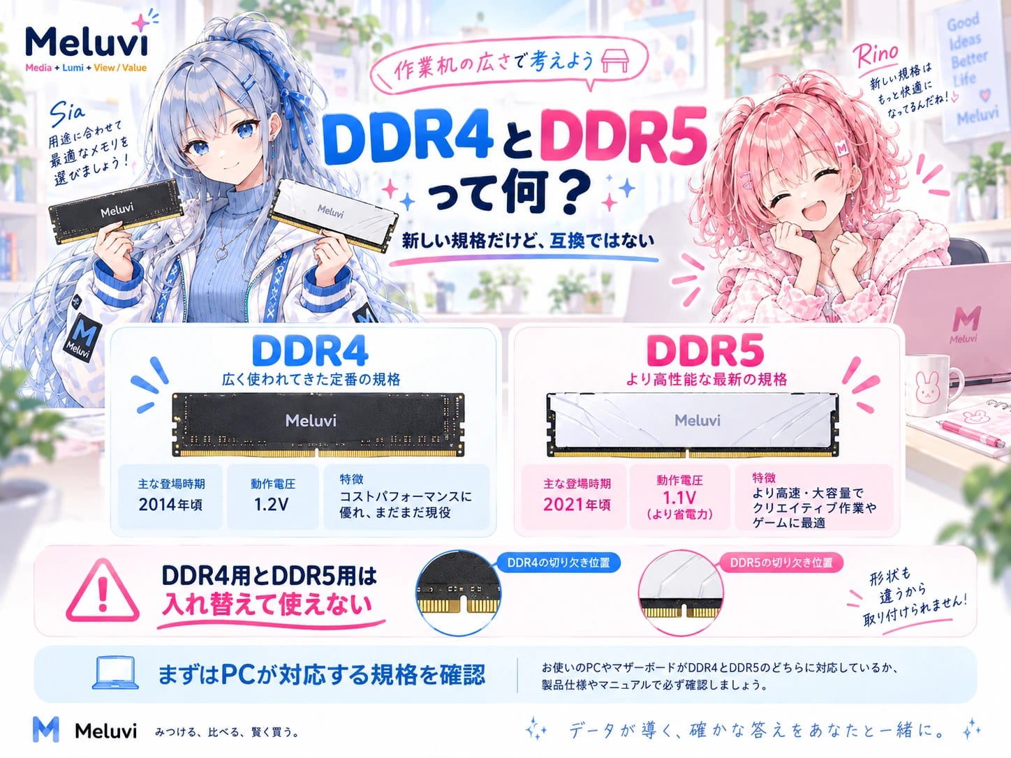 DDR4とDDR5の違いと互換性がないことを説明する図解