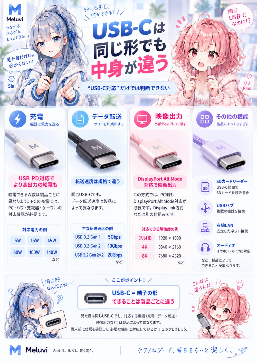 同じ形のUSB-C端子でも充電・映像出力・データ転送の対応が異なる