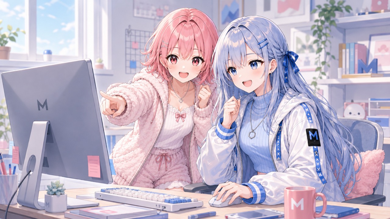 Meluviのデスクで商品を一緒に確認するリノとシア
