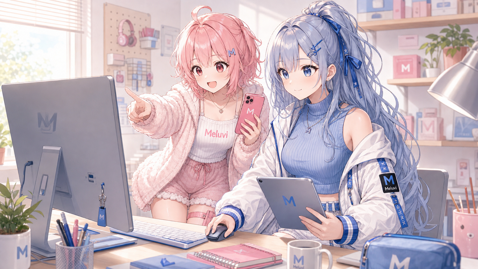 Meluviのデスクで商品を一緒に確認するリノとシア