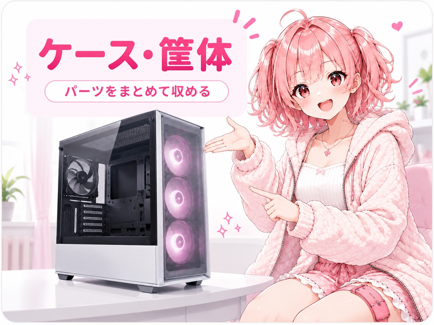 内部パーツをまとめて収めるデスクトップPCケースのイラスト