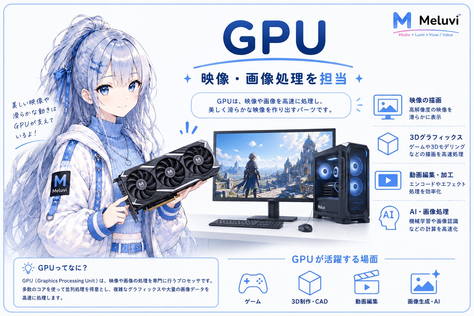シアがグラフィックボードを紹介する、GPUの映像・画像処理のイメージ図